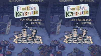 Familjen Knyckertz bryter sig in från en lucka i golvet. De är klädda svartvitrandiga tjuvkläder.