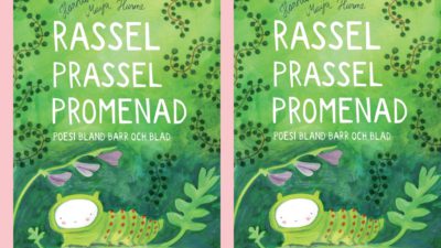 Gröna blad snirklar sig omkring en tecknad larv.