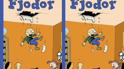 Bokomslaget till boken. En tecknad liten kille med glasögon faller ner från ett hål i taket.