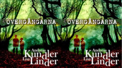 Bokens framsida. Det är en grön skog, med en röd stig. En bit bort på stigen syns silhuetter av två barn.