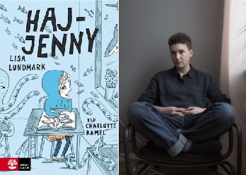 Haj-Jenny sitter vid en skolbänk.. Bredvid bokomslaget är en bild på författaren Lisa Lundmark..
