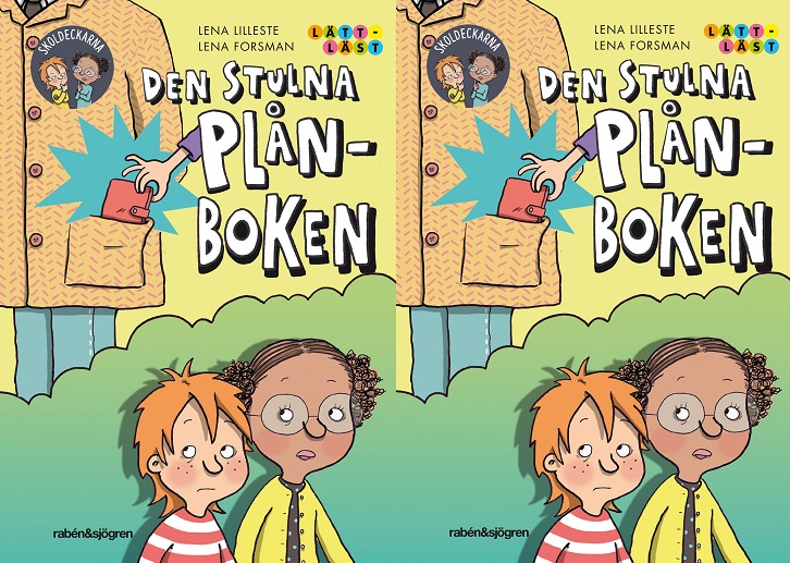 Omslaget på boken gånger två. På omslaget syns en kille med rött hår och en tjej med mörkt hår i i tofsar och med glasögon. Det syns också en person med en stor jacka där en hand sträcker sig ner i fickan och tar en plånbok.