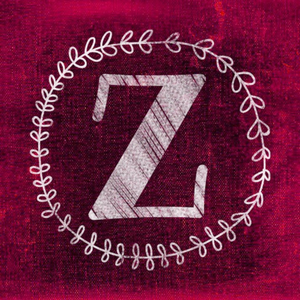 En röd bakgrund med ett vitt stort Z i mitten. Runt bokstaven är en ritad kvist med blad.