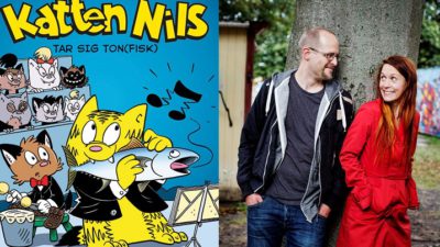 Två bilder bredvid varandra. Den första föreställer bokens omslag som är tecknat, med en gul katt som äter en fisk. Till höger är det ett foto av författarna. De står båda två med ryggen mot ett träd och tittar på varandra. Johanna har långt rött hår och rödkappa. Joakim har en grå hoodie, snaggat hår och glasögon.