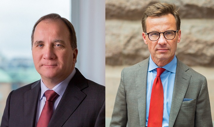 Till vänster en bild av Stefan Löfven. Han har kostym och slips. Han har ganska tunr hår, en ganska bred näsa och smala läppar. Till höger en bild på Ulf Kristersson. Han har kavaj, slips och runda glasöon. Han är ganska smal och har kort hår.
