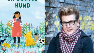 En bild på omslaget och en på författaren. Omslaget är ritat och föreställer ett barn i hängslekjol som står bredvid en halvstor hund i en vildvuxen trädgård. Författaren har kort halvblont hår som ligger bakåt och galsögon med kraftiga ramar. Hon har jacka och en stor rutig sjal.