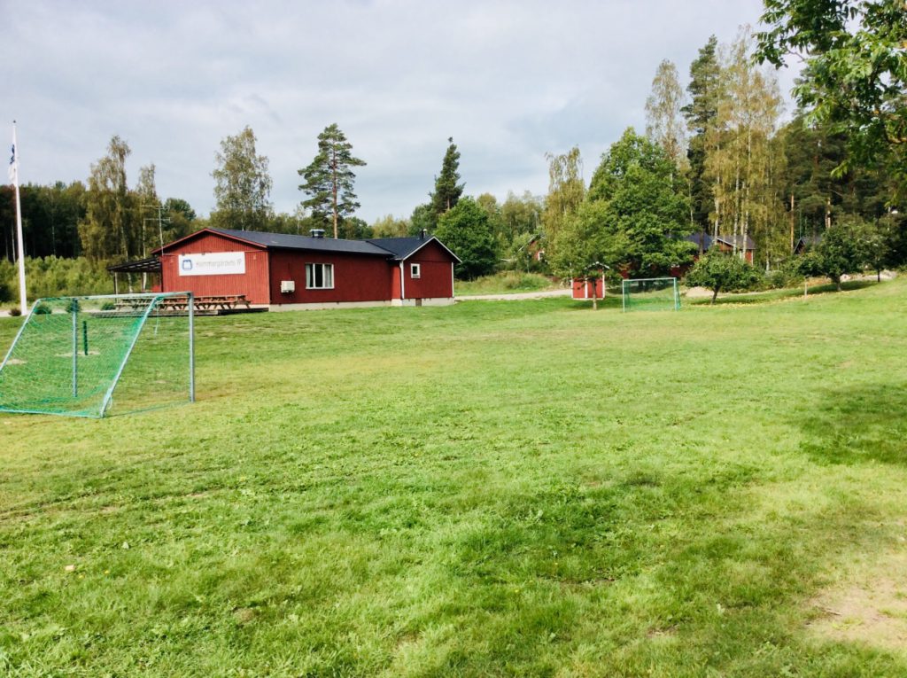 Bild på gräsmattan på en fotbollsplan utan linjer.