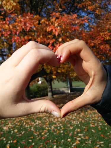 Händer formar ett hjärta i en park med träd med röda och gula löv.