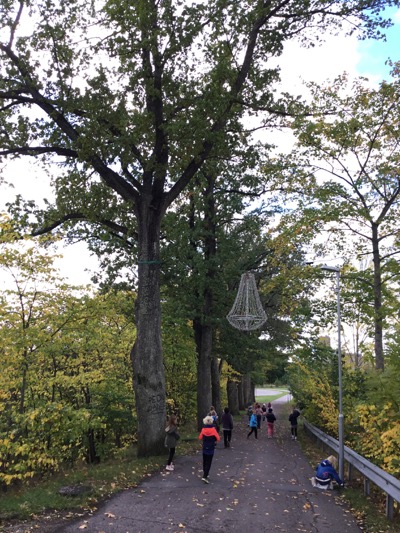 Barn går på väg, över dem hänger en lampkrona. Vid sidan om gången finns träd och buskar.