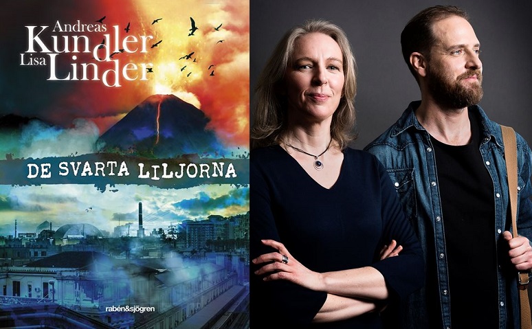 En bild på boken och en bild på författaren. På bokens framsida är det en stor vulkan som det flyger fåglar framför och en mörk stad. Författarna står tillsammans Linda står med armarna i kors och tittar i kameran. Hon hår ner till axlanar och ett litet halsband. Andreas har hår som ligger bakåt. Han tittar åt sidan. Han har jeansjacka och en väska över axeln.