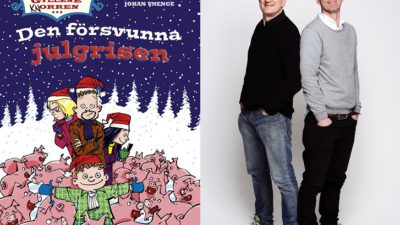 En bild på boken och en på författarna. På boken syns familjen Rantanen som står bland massa grisar ute i snön. Författarna står med ryggen mot varandra. De är 40-50 är gamla, har båda kort hår och gympaskor.