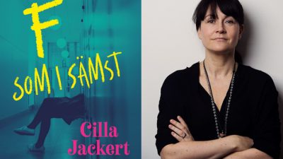 En bild av bokens omslag och en bild på författaren. På omslaget är det en skolkorridor där ett par ben i kors sticker fram bakom ett skåp. Författaren står med armarna i kors och tittar in i kamerna. Hon har lugg och långt hår i tofs. Hon ser allvarlig ut.