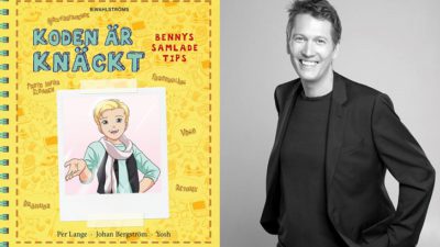 En bild på omslaget till boken och en på författare. Framsidan på boken föreställer en tecknad bild av Benny. Han har kort hår, ser glad ut och har en sjal runt halsen. Författaren Per ser ut att vara ungefär 40 år. Han har kavaj på sig och ler stort.