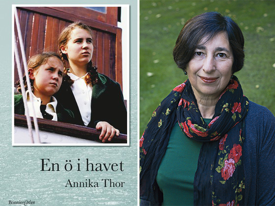 Foto på författaren Annika Thor samt omslaget till boken En ö i havet.