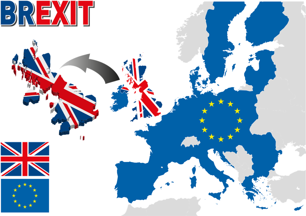 En karta över Europa med där storbritannien flyter iväg från Europa.