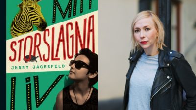 Författaren Jenny Jägerfeld bredvid sin bok Mitt storslagna liv