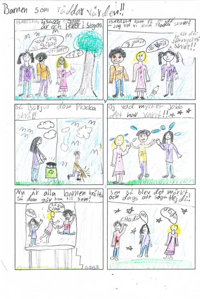 En tecknad serie om att plocka skräp med sina kompisar.